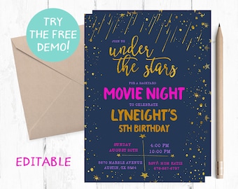 Under the stars invitation, Under the stars Movie night, Under the stars Birthday Party, Under the stars invitations, backyard movie night,