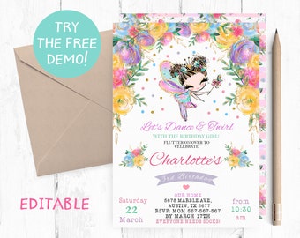 Editable Brunette Fairy Invitation, Fairies Birthday Party Invitation, Fairies Editable Template, Fairies Birthday Invitation Instant,