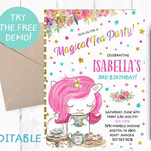 Editable Magical Tea Party, Editable Unicorn Tea Party, Tea Party Invitation Template, Tea Party Instant Download, Unicorn Tea Birthday,