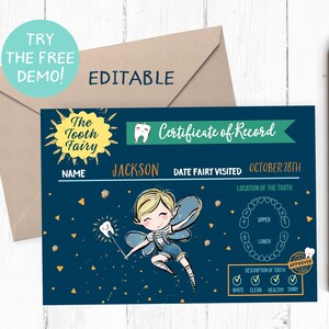 May include: A navy blue Tooth Fairy certificate with a cartoon fairy illustration. The certificate includes fields for the child's name, date, and tooth details. The text "Try the Free Demo!" is visible.