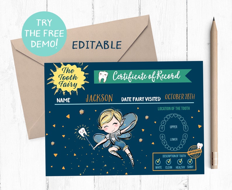 May include: A navy blue Tooth Fairy certificate with a cartoon fairy illustration. The certificate includes fields for the child's name, date, and tooth details. The text "Try the Free Demo!" is visible.