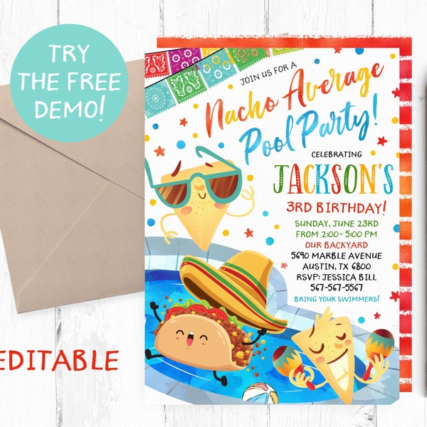 Editable Nacho Average Pool Party, Nacho Average Pool Party Invitation, Nacho Average Boy Pool Invites, Boy Fiesta Pool Party Invitation,