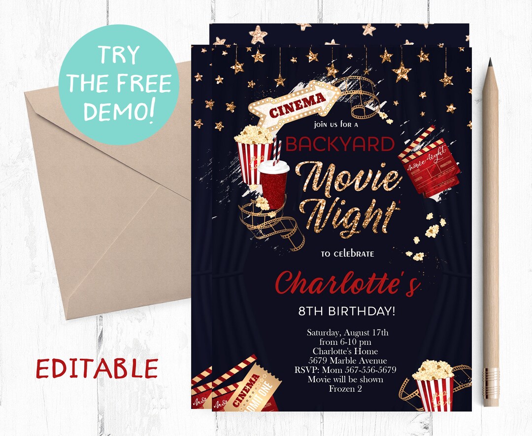 Editable Backyard Movie Night Invitation, Backyard Movie Night Party
