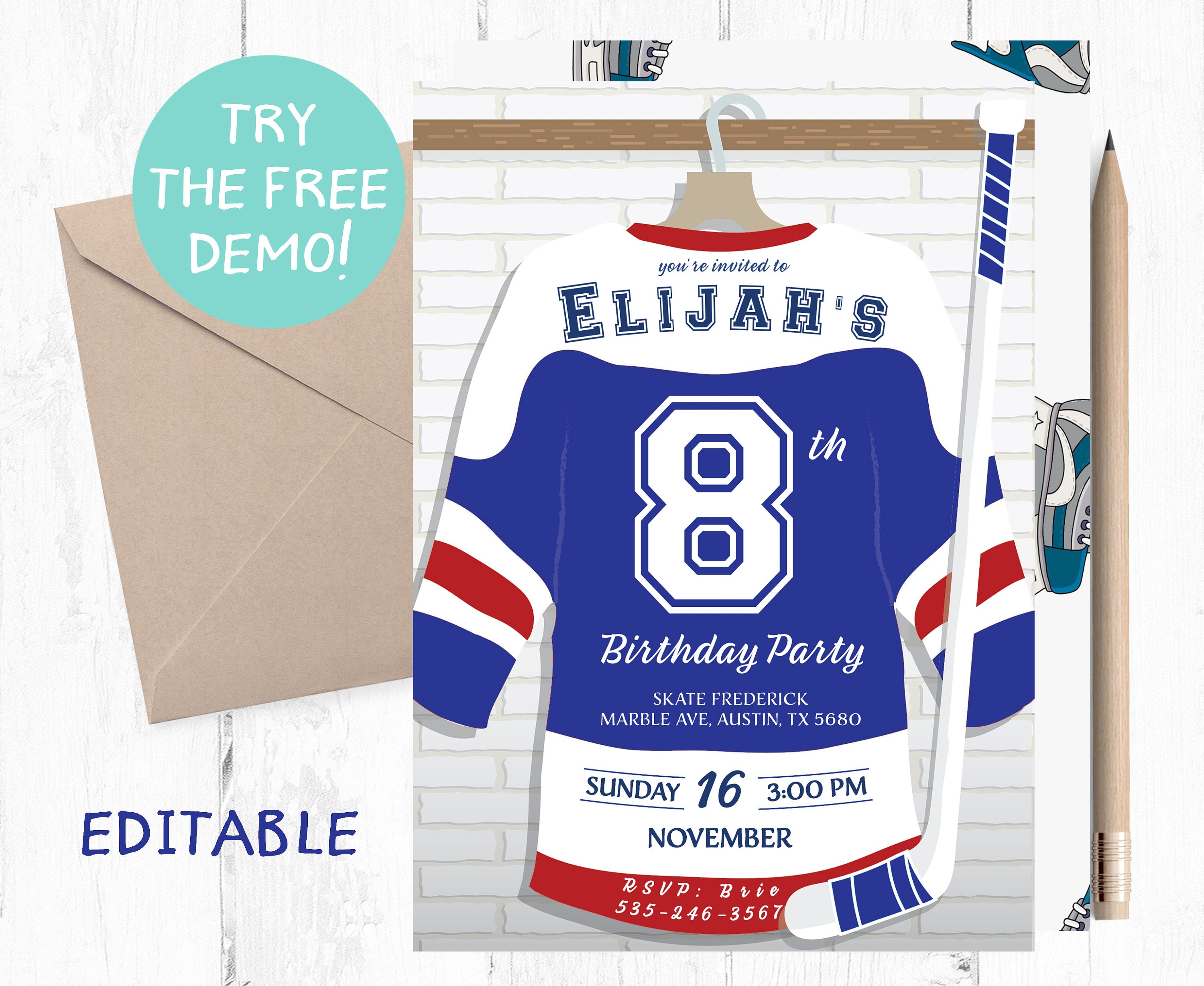 Modello istantaneo per festa di hockey, Invito modificabile per festa di hockey, Modello per invito per hockey, Invito per festa di compleanno per maglia da hockey, testo,