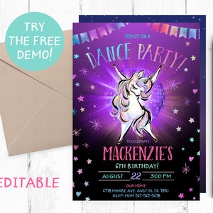 Editable Dance Invitation, Unicorn Dance Party Invitation, Unicorn Dancing Party Invitation, Dance Party Invites, Disco Party Invitation,