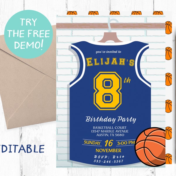 Editable Basketball Birthday Party Invitation, Basketball Blue Jersey Invitation, Basketball Editable Template, Basketball Instant Template,