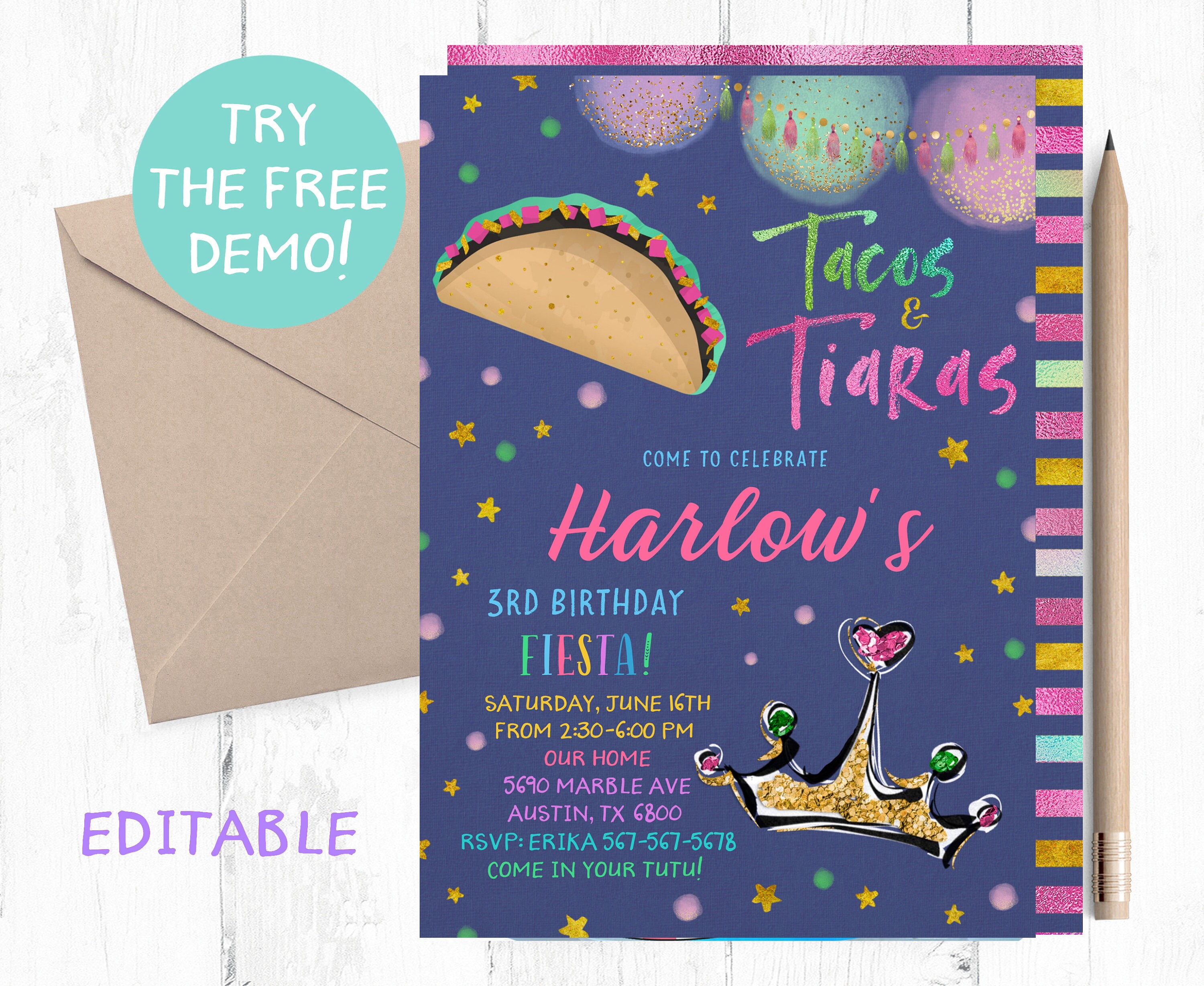 Editable Tacos and Tiaras Invitation Tacos and Tiaras Etsy