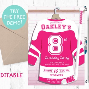 Rosa Jersey Hockey Einladung, Mädchen Hockey Geburtstag Party, Hockey Einladung Instant Girl, Hockey Editable Template Instant, Hockey Einladung,