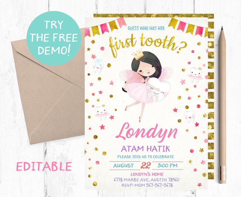 First Tooth Party Invitation Atam Hatik Invitation Armenian Tooth Party Invitation Atam Hatik Brunette Fairy Atam Hatik
