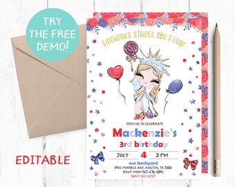 4th of July Birthday Invitation, 4th of July Birthday Invitation Baby Girl, 4th of July Birthday Invite, Independence Day Birthday Invite,