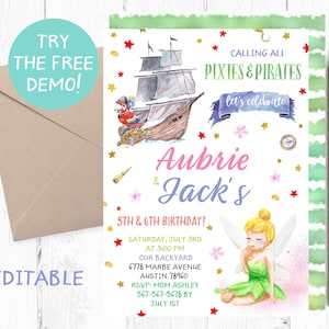 May include: A colorful invitation for a 5th and 6th birthday party. The invitation features a pirate ship, a fairy, and the text "Calling all Pixies & Pirates let's celebrate Aubrie & Jack's 5th & 6th Birthday!"  The invitation also includes the date, time, and location of the party.