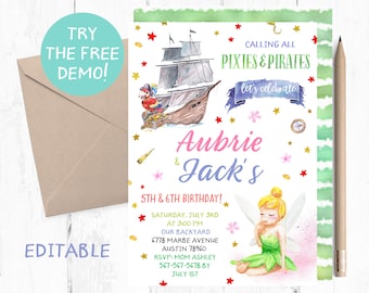 Fairies and Pirates Joint Birthday Invitation (PDF)