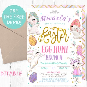 Easter Egg Hunt and Brunch Invitaiton, Editable Easter Egg Hunt Brunch Template, Easter Hunt Instant Invitation, Easter Egg Hunt Lunch, Text