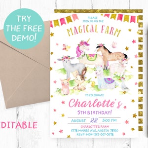 Editable magische Farm Einladung, Einhorn Bauernhof Geburtstag Party Einladung, magische Farm bearbeitbare Vorlage, Einhorn Farm Instant Template,