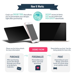 May include: An image showing the steps to personalize designs using Corjl. The image includes a tablet, smartphone, and laptop. Text includes "How It Works", "Purchase", "Personalize", and "Print". The image also includes the text "Demo Now".