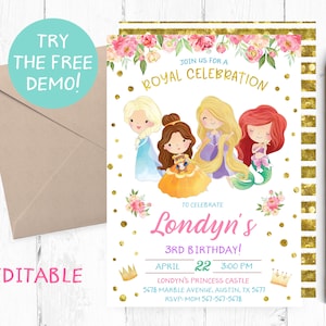 Princess Birthday Invites, Princess Printable Invitation, Princess Invites, Princess Birthday Invite, Princess Birthday Party, Royal Party,