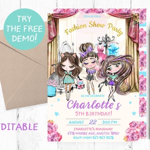 Brunette Meisjes Fashion Show Uitnodiging, Runaway Party Uitnodiging, Runaway Party Instant Template, Brunette Girls Fashion Show Party Bewerkbaar