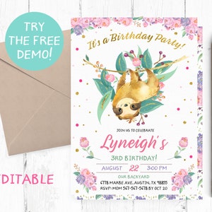 Editable Sloth Birthday Party Invitation, Girl Sloth Invitation Instant Download, Sloth Invites, Sloth Party Invite, Cute Sloth Template,