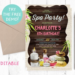 Spa Birthday Party Invitation, Spa Birthday Invitation Editable Template, Spa Invite, Spa Invitation Instant Download, Spa Printable Invite,