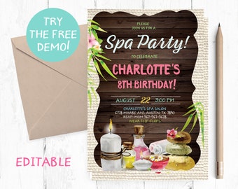 Spa Birthday Party Invitation, Spa Birthday Invitation Editable Template, Spa Invite, Spa Invitation Instant Download, Spa Printable Invite,