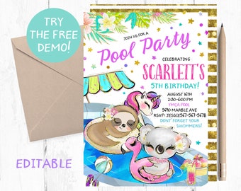 Editable Sloth and Koala Pool Invitation, Koala Sloth Pool Party Template, Sloth Koala Pool Instant Template, Sloth Koala Pool Texting,