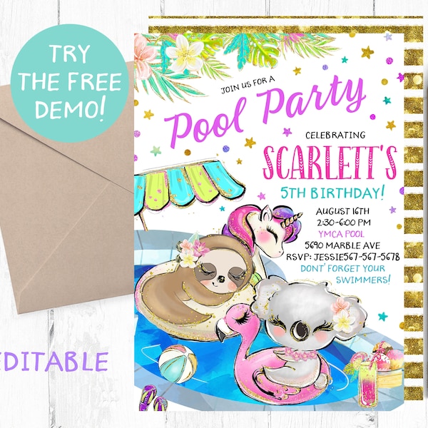 Editable Sloth and Koala Pool Invitation, Koala Sloth Pool Party Template, Sloth Koala Pool Instant Template, Sloth Koala Pool Texting,