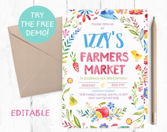 Editable Farmers Market Invitation, Girl Farmers Market Birthday Party, Farmers Market Editable Template, Farmers Market Instant Download,
