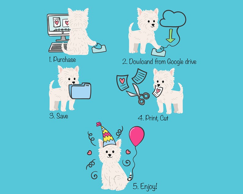 May include: A step-by-step guide with illustrations of a white dog showing how to purchase, download, save, print, cut, and enjoy a printable craft project.