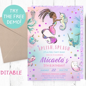 Black Mermaid Birthday Invitation, Black Mermaid Invitation Template, Black Mermaid Birthday Party,  Black Mermaid Pool Party Bash,Instant,