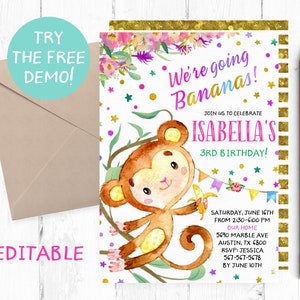 Editable Bananas Invitation, Monkey Bananas Invitation, We are going Bananas Party, Girl Monkey Invites, Bananas Birthday Party, Template