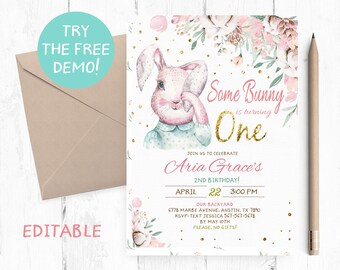 Editable Bunny First Birthday Invitation, Girl Birthday Invites (PDF)