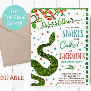 Editable Snake Invitation, Snake and Cakes Birthday Party, Snake Boy Invitation, Snake Editable Template, Snake Instant Download,  Invite,