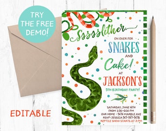 Editable Snake Invitation, Snake and Cakes Birthday Party, Snake Boy Invitation, Snake Editable Template, Snake Instant Download,  Invite,