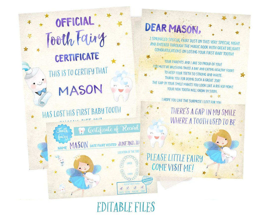 EDITABLE Tooth Fairy Letter Boy, Tooth Fairy Certificate Boy, Tooth ...