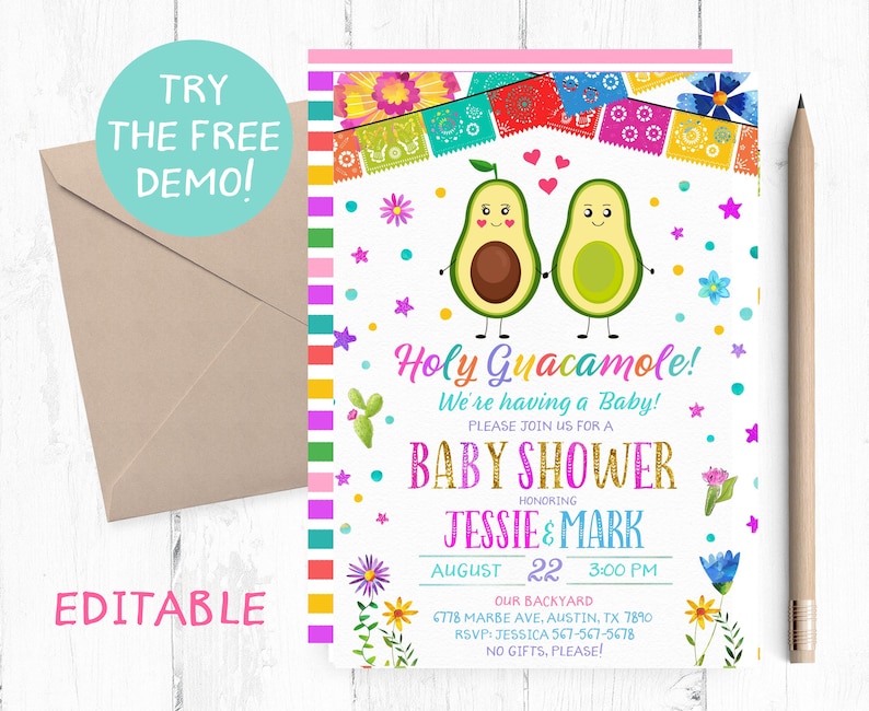 Editable Fiesta Baby Shower Invites Avocado Baby Shower | Etsy