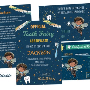 EDITABLE Negro Niño Hada Set, Certificado de Hada de los Dientes de Niño, Carta de Hada de los Dientes de Niño, Registro de Niño hada de los dientes, Recibo de Hada de los Dientes,