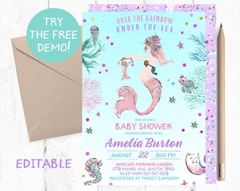 Mermaid Baby Shower Invitation, Under the sea Baby Shower invitation, Mermaid Baby Shower Invitations, Mermaid Baby Shower Invites, Invite