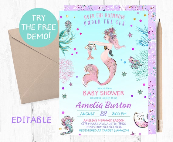 Printed Fill In Blank Glitter Mermaid Baby Shower Invitations