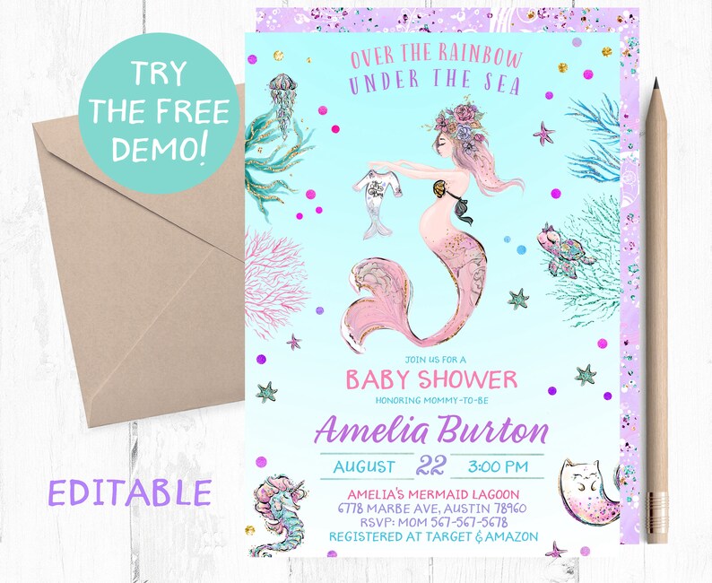 Editable Mermaid Baby Shower Invitation Mermaid Baby Shower Invitation Template Under the Sea Baby Shower Invitation Instant