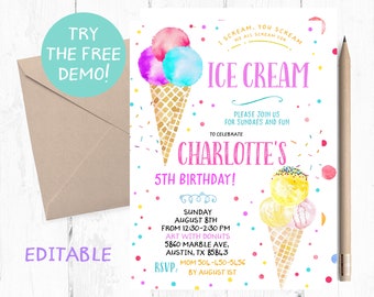 Ice Cream Birthday Invitation, Ice Cream Birthday Party, Ice Cream Birthday Invitations, Ice Cream Invites, Ice Cream Invitation,  themed,
