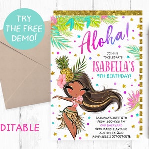Editable Hula Girl Birthday Invitation, Luau Party Template (Digital Download)
