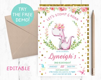 Pink Dinosaur Birthday Invitation, Floral, Editable (5x7in, PDF/JPEG)