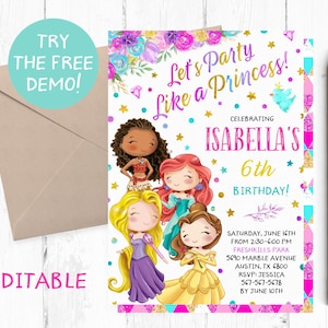 Editable Princess Invitation, Princesses Birthday Party, Party like a Princess, Royal Invitation, Royal Birthday Party, Royal Template,