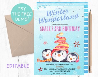 Snow much fun invitation, Penguin invitations, Winter Birthday Party Invitations, Winter Onederland Invitations, Winter Woodland Invites,