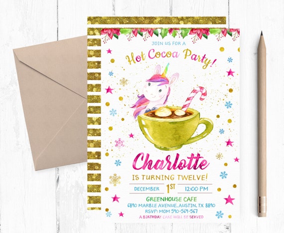 Hot Cocoa And Unicorn Birthday Invitation Unicorn And Hot Etsy