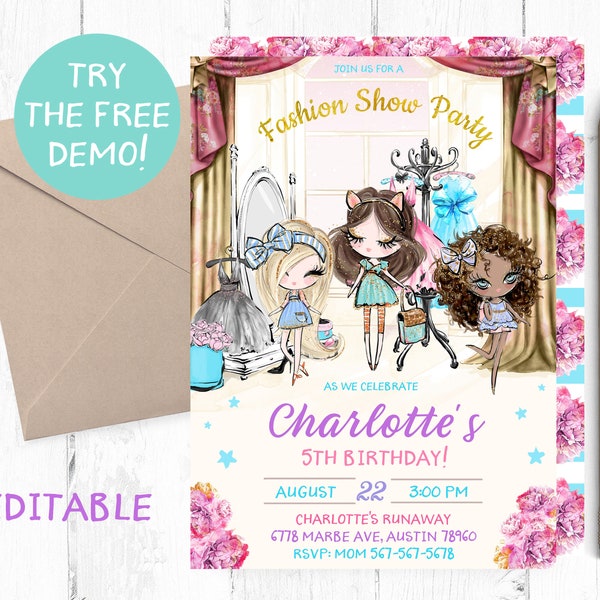 Fashion Show Party Invitation, Fashion Show Invitations, Dress Up Party Invitation, Glamour Birthday Party, Runaway Party, Dress Up Invite,