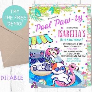 Editable Kitten Pool Party Invitation, Cat Pool Party Template, Pool Paw-ty Invitation, Pool Paw-ty Instant Template, Cat Pool Texting,