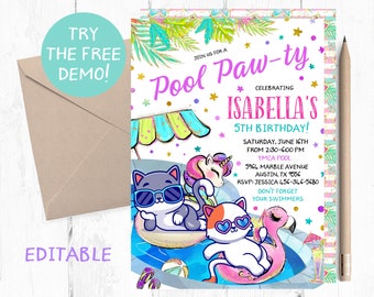 Editable Kitten Pool Party Invitation, Cat Pool Party Template, Pool Paw-ty Invitation, Pool Paw-ty Instant Template, Cat Pool Texting,