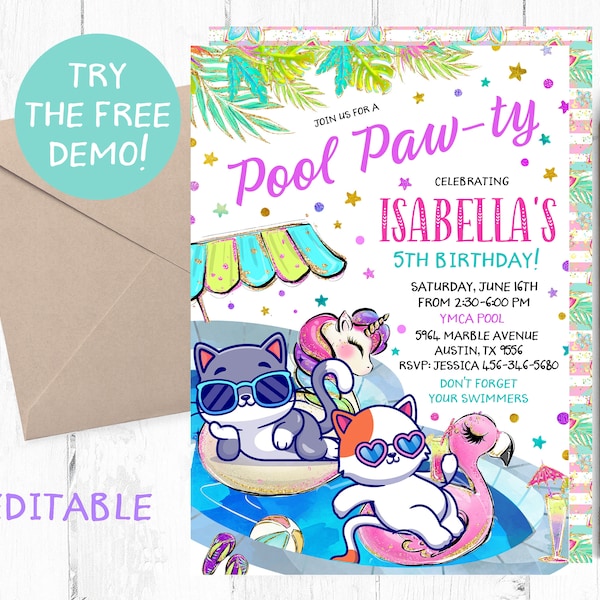 Editable Kitten Pool Party Invitation, Cat Pool Party Template, Pool Paw-ty Invitation, Pool Paw-ty Instant Template, Cat Pool Texting,