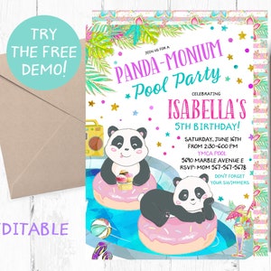 May include: A colorful invitation for a Panda-monium pool party, celebrating Isabella's 5th birthday. The design features cartoon pandas on donut floats in a pool, with text and graphics. Includes a tan envelope and a pencil.